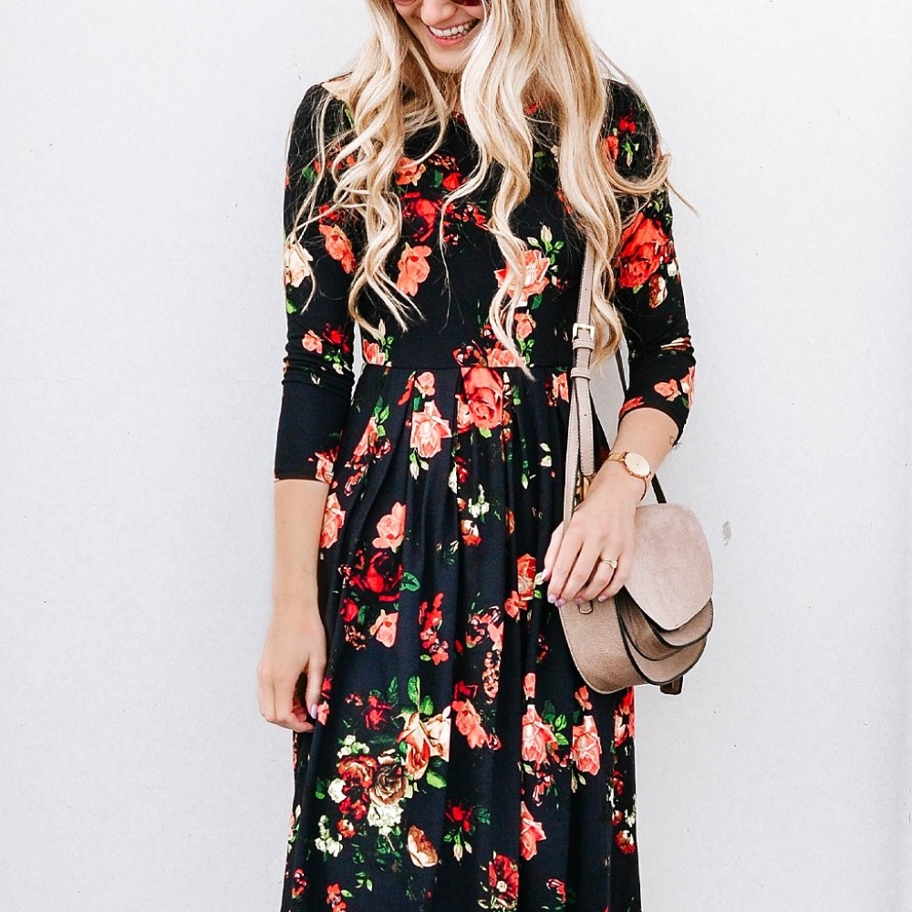 Black Floral Three-Quarter Sleeve A-Line Dress
